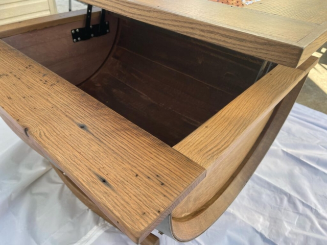 inside of whiskey barrel table with wood top