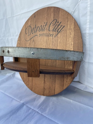 wooden barrel shelf with metal strap