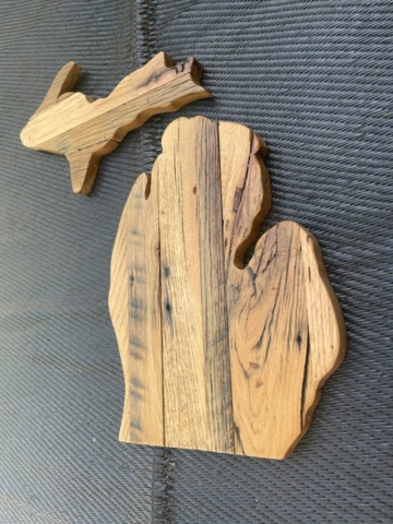wood cut into the shape of the state of Michigan