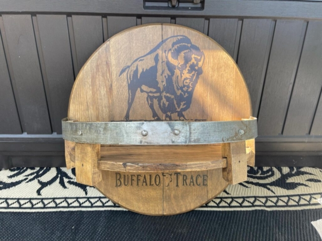 shelf made from barrel with buffalo trace logo